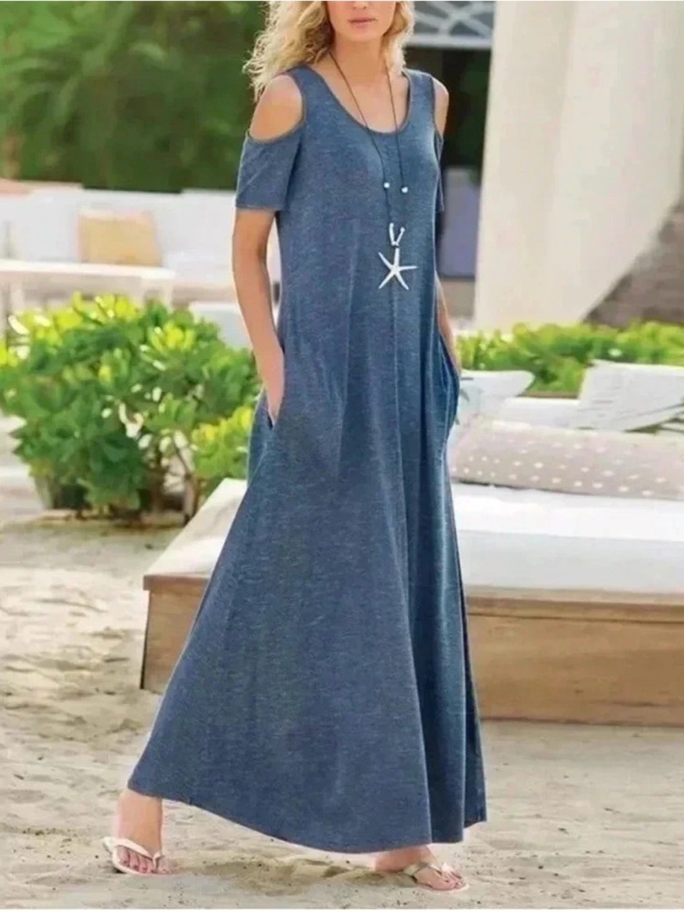 Soft Surroundings sz PM Blue Electra Cold-Shoulder Maxi Dress nwt pockets